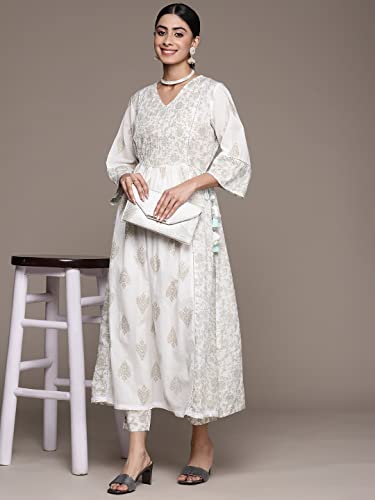 Image of anubhutee Women's Cotton White Floral Printed A-Line Kurta Suit Set With Pants