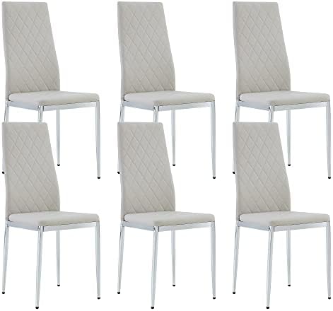 FURNITO Dining Chairs Set of 6,Grey High Back Dining Room Chairs with Upholstered Cushion PU Leather for Kitchen Room, Dining Room Home Furniture(Grey)