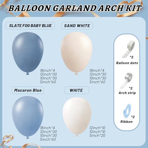 Image of 412Pcs Dusty Blue White Sand Balloon Arch Garland Kit,18 12 10 5 Inch Slate Fog Baby Blue Macaron Blue Sand White for Birthday Baby Shower Wedding Bridal Gender Reveal Decorations