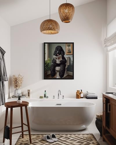 Image of Poodle Black on Toilet Black Framed Wall Art Print Poster, Dog Bathroom Humor Decor Posters Prints for Restroom Home Picture Painting Artwork Gallery 7 (Poodle Black, 10 inchL x 8 inchW, Black Frame)