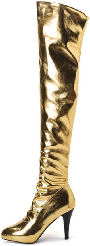 Women's Gold Metallic Thigh High Boots Pointed Toe 3.9 in Stiletto High Heel Long Boots for Wedding Party Banquet Dress