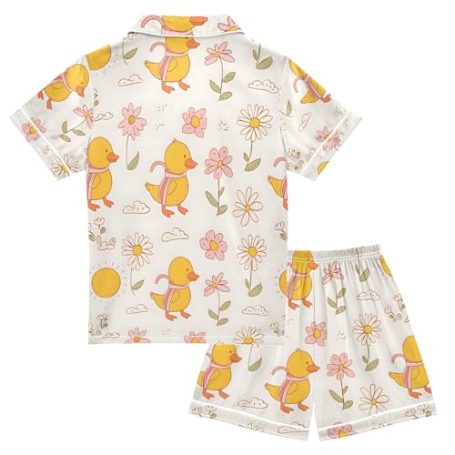ALAZA Yellow Duck Sun Blossom Pajamas Satin Pajama Set Short Sleeve Button Down Sleepwear2