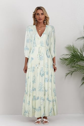 Image of Women Short Sleeve V Neck Floral Print Casual Bohemian Maxi Dresses
