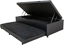Cama Box Báu Solteiro C/Auxiliar com espuma de 6cm, Com Pistão a Gás, Suporta 200kg (Corino Preto)