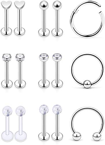 15Piezas 16G Piercing Cartilago Tragus Oreja CZ Acero Inoxidable Internal & External Threaded Labio Labret Monroe Piercing Rook Helix Oreja Stud Retainer Longitud de la Barra 8mm Cover