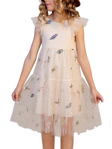 New 5-15Years Girls Beige Tulle Dress Embroidered Floral Sparkle Flutter Sleeve Cotton Lined Party