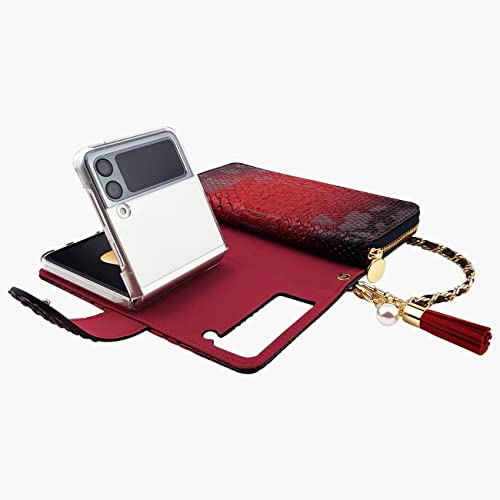 Qoosan Galaxy Z Flip 3 Wallet Case (2021) Premium Pattern Pu Leather Cover With Zipper Card Holder Money Pocket Chain Wrist Strap Protective Phone Case For Women #TOP2