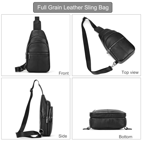 Genuine Leather Chest Bag for Men Women Cross Body Sling Shoulder Messenger Bag with Multiple Pockets for Travel Hiking Outdoor, Black3