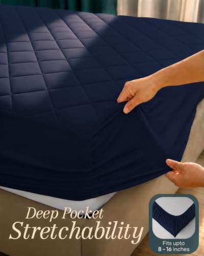 Image of Quilted Fitted Mattress Pad, Twin Mattress Protector Topper with Deep Pocket Stretches up to 16 Inches, Machine Washable Mattress Cover by Utopia Bedding (Navy)