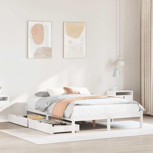 Gecheer Estructura de Cama con Cajones de Madera Maciza de Pino Blanco - 135x190 cm - 2 Cajones con Ruedas