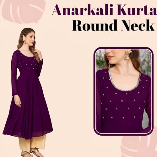 Image of PH POSHAKHUB Georgette Regular Fit Hand Embroidery Anarkali Kurta Set for Women, Yoke Anarkali Kurta for Woman, Ankle Length Anarkali Suit for Women, Full Sleeve Kurti, Dress for Woman