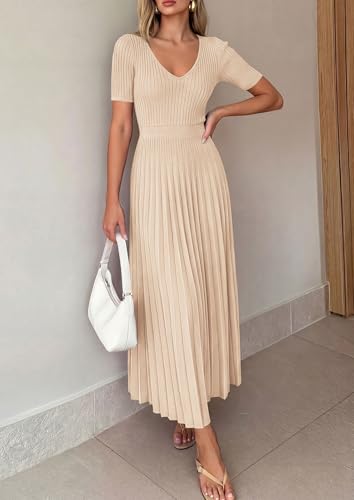 Image of PRETTYGARDEN Women's 2026 Spring Midi Sweater Dresses Elegant Pleated Ribbed Knit Short Sleeve V Neck A Line Summer Outfits