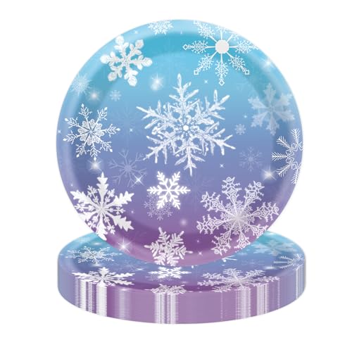 KFJBPB 50PCS Winter Snowflake Paper Plates 7 Inch Disposable Blue Snowflake Christmas Cake Dessert Plates for Holiday Winter Wonderland Party Decorations