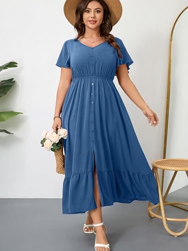 Image of RWJ Women Plus Size Maxi Dress V Neck Short Sleeve Button Trim Split Flowy Tiered Casual Long Dresses 2025 L-3XL
