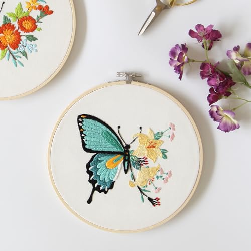 Image of Bonroy 4 Sets Embroidery Kit for Beginners,Embroidery Art Craft Handy Sewing Include Clothes with Pattern,Embroidery Hoops, Instructions,Color Threads Needle (Butterfly) (CX-55)