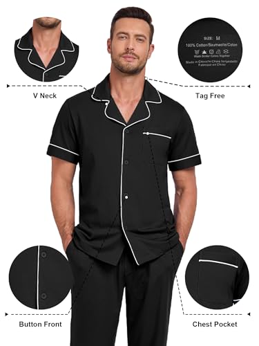 Image of COLORFULLEAF 100% Cotton Mens Pajamas Set Short Sleeve Loungewear with Long Pants Button Down Sleepwear Soft Comfy Pj for Men