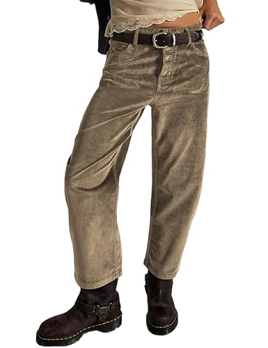 Faleave Women's Trance Low-Rise Dropped Barrel Corduroy Jeans Button Fly Ankle-Length