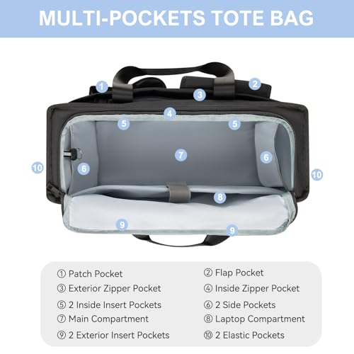 Tote Bag, Work Bags for Women with 15 Pockets, Large Tote Bag with Zipper for Teacher Nurse, Laptop Handbags for Women, Carry on Bag, Black3