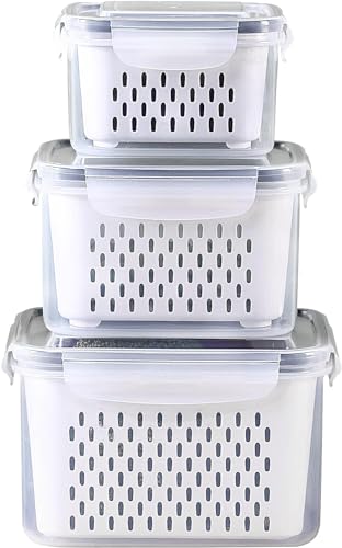 BAKAMITAYI Plutuus Lot de 3 boîtes de conservation en plastique sans BPA avec couvercle et passoire pour salade, baies, laitue, pastèque – Facile à laver