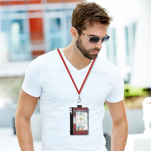 Image of Minimalist RFID Wallet with Lanyard, Multi-functional ID Case with 2 Zipper Pockets and Key Chain for Men and Women, Tactical Badge Pouch Cards Holder, Coin Purse for Travel Sports - Two-Tone
