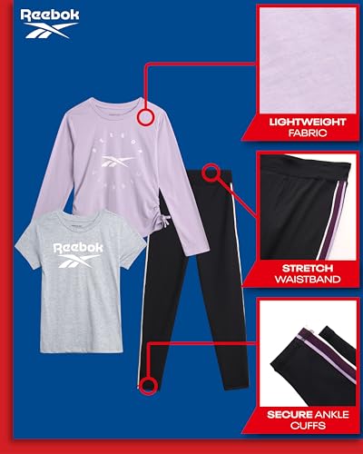 Reebok Active Girls Leggings Set - 3 Piece Athletic Crew Neck Short Sleeve TShirts Sweatshirt and Legging Pants for Girls2