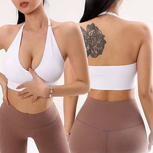 Image of Women Halter Bra Top Yoga Bralette Crop Tanks Workout Sports Bras V Neck with Adjustable Strap Seamless Padded