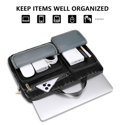 MOSISO Laptop Shoulder Bag,15-15.6 inch Computer Bag Compatible with MacBook Pro 16 inch, HP, Dell, Lenovo, Asus Notebook,Shiny Sleeve with Horizontal & 2 Raised Pockets & Handle & Belt, Black2