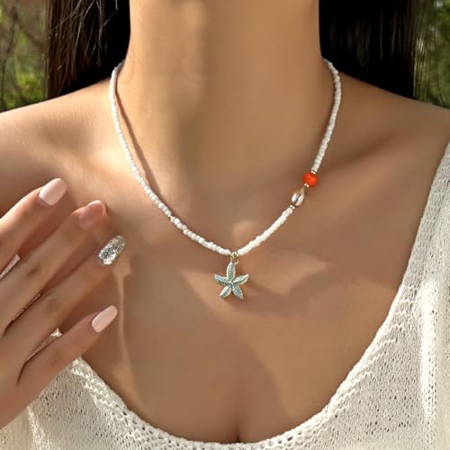 RINHOO Handmade Seashell Starfish Necklace Bohemian Beach Necklaces for Women Summer Shell Beaded Choker Necklace Party Holiday Jewelry (Style 4-blue starfish) — view 3
