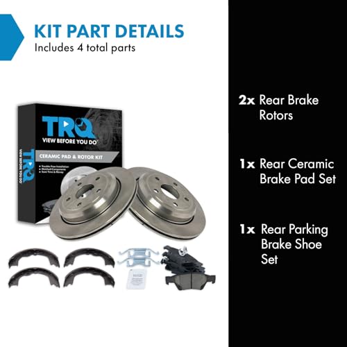 Image of TRQ Rear Ceramic Brake Pad and Rotor Set Includes Parking Brake Shoes Compatible with 11 Jeep Grand Cherokee 12-19 Jeep Grand Cherokee 11-17 Dodge Durango 18-19 Dodge Durango