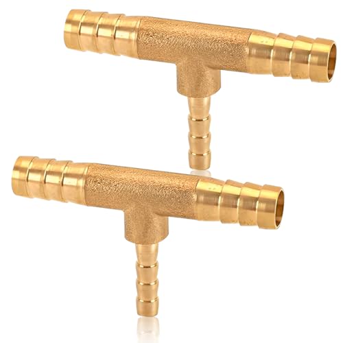 2 Stück Messing Schlauchverbinder, 8x4x8mm T Stück Schlauchtülle, 3-Wege T-förmig Widerhaken Stecker, 8mm Schlauchanschluss Verbinder, T Stück Widerhaken für Luft, Wasser, Kraftstoff und Öl