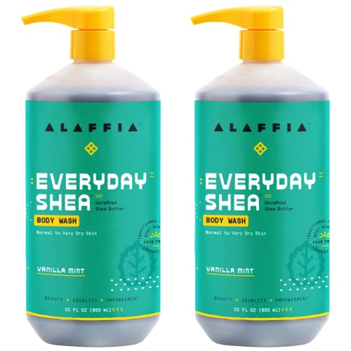 Image of Alaffia Everyday Shea Body Wash, Naturally Helps Moisturize and Cleanse Without Stripping Natural Oils with Fair Trade Shea Butter, Neem, and Coconut Oil Vanilla Mint 32 fl oz - 2 Pack