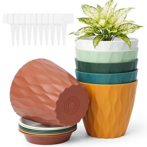 vsshe Blumentopf, 6er Set Blumentöpfe aus Kunststoff, Waffelmuster Pflanzentopf rund mit Untersetzer & Drainageloch, Übertopf für Zimmerpflanzen, Balkon, Innen&Außenbereich (4 Zoll/10cm, 6-farbig)