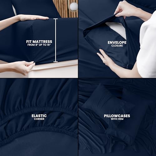 Image of Utopia Bedding Queen Size Sheet Set - 4 Piece Bed Sheets, Soft and Breathable Microfiber, Includes 1 Fitted Sheet, 1 Flat Sheet and 2 Pillowcases - Oeko Tex (Navy) (Pack of 2)