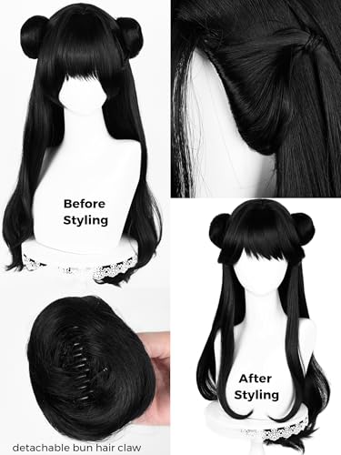 Image of Half and Half Long Black Game Fighter Anime Cosplay Wig with Bangs & Double Buns, Hanfu Costume Wigs 29.9'' Chinese Ancient Vintage Wigs for Women Halloween Party