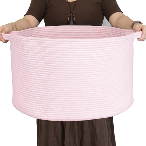 Image of XUANGUO Extra Large Cotton Rope Basket Blankets Basket Living Room 22"x14" Toy Baskets for Kids Dogs Storage Baskets for Nursery Woven Laundry Baskets for Clothes Towels Baby Toy Storage Round pink