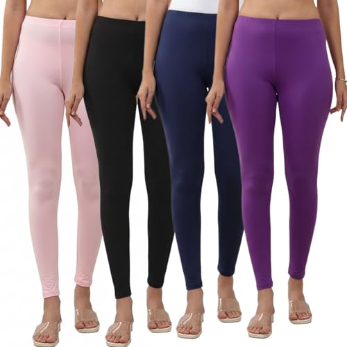 Image of Volex Women and Girls Full Length Leggings | Cotton Spandex /Elastane 4 Way Stretchable | Casual Slim fit Ultra Soft Leggings-Pack of 4