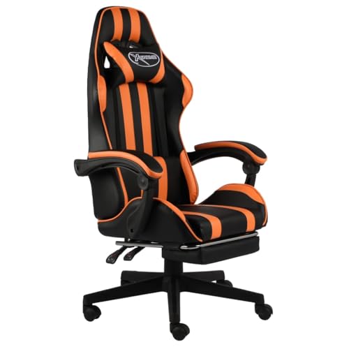 Drillkyn Silla de gaming, piel sintética, color negro y naranja, con reposapiés, altura regulable, silla giratoria de oficina, silla ergonómica con soporte lumbar y ruedas para oficina en casa y