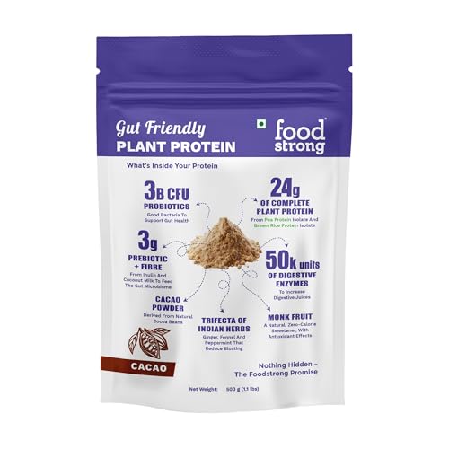 Image of Foodstrong Gut Friendly Plant Protein - Chocolate (Cacao) | 24g Complete Plant Protein with Probiotics, Digestive Enzymes, Prebiotics & Indian Herbs | Vegan | No Sugar | 500g