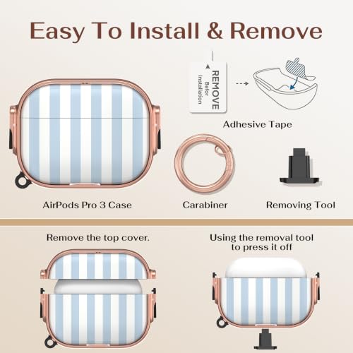 Image of for AirPods Pro 3rd Case with Safety Lock, Magsafe Compatible, Blue Stripes | Double Secure Lock,Drop Protection,Two-Piece Design,with Gold Keychain, Anti Lost, Dustproof, Cute AirPod Pro 3 Case