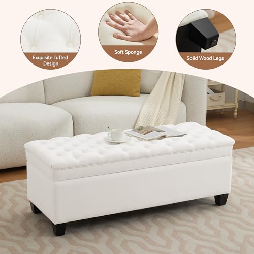Image of WUTUTUEE 50 inch Fabric Storage Ottoman Bench, Upholstered Rectangle End of Bed Storage Ottoman Tufted Living Room Bedroom Bench with Safety Hinge, Solid Wood Legs, Loads 500 lb(Beige)