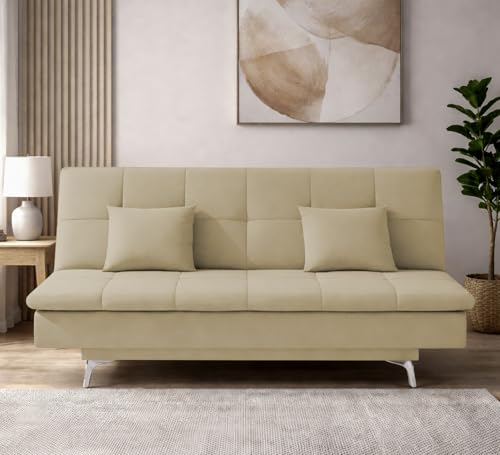 GRAPEWOOD Krancy Solid Wood 3 Seater Sofa Cum Bed with 2 Cushions | Convertible Wooden Couch for Living Room, Home & Office | Modern Designer Furniture | 3 Years Warranty | Cream