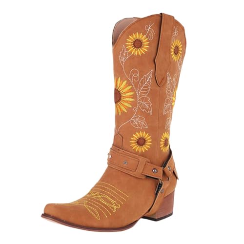 Cowboy Boots for Women Square Toe Sunflower Western Cowgirl Boots Mid Calf Buckle Embroidered Fashion slip on Boot4