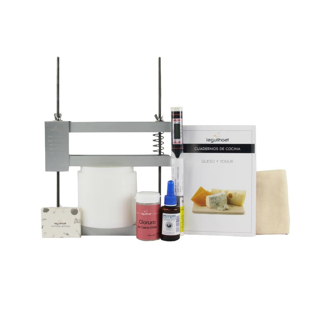 Cocinista Kit para Hacer Queso Manchego en Casa con Prensa, Molde con Pleita y Fermentos Incluye Cuajo, Cloruro Cálcico, Tela y Termómetro Guía Paso a Paso