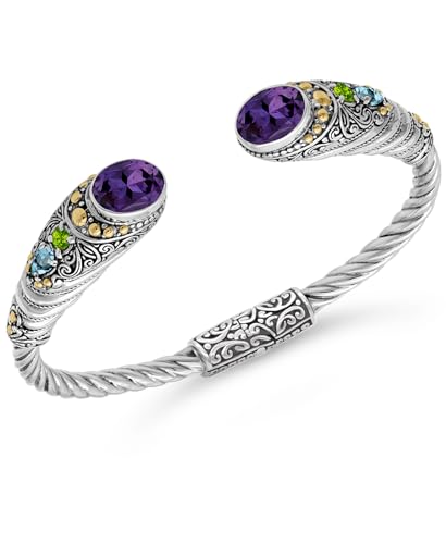 Image of DEVATA Sterling Silver 925 and 18K Gold with Gemstones Bali Filigree Cuff Bracelet