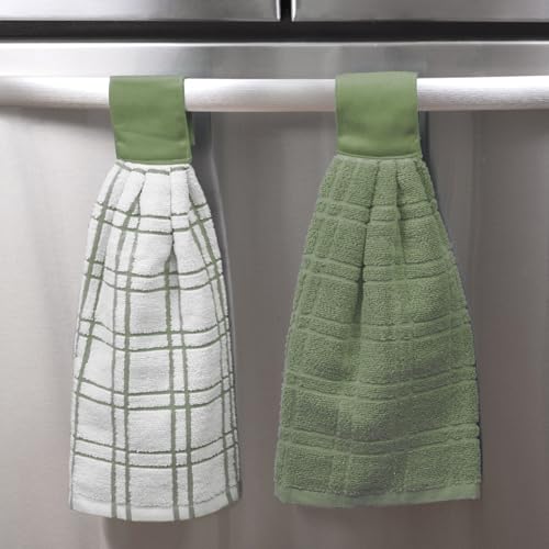 Image of Ritz Premium 100% Cotton Solid and Multi Check Kitchen Tie Towel, Absorbent, Super Soft, and Fast Drying Hang Towel, Set of Two, Juniper