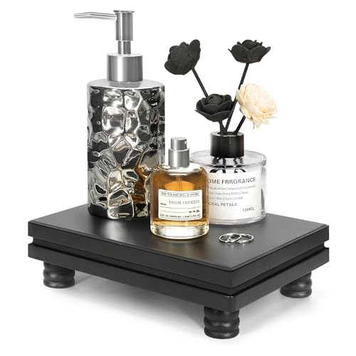 EOSAHR バスルーム装飾用装飾台座スタンド – キッチンオーガナイザー用小型ディスプレイスタンド & バスルームシンク用ソープホルダー – 家の装飾を美しくする木製トレイ(ブラック)