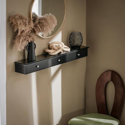 Image of Sabri SHOPEE Wooden Wall Cabinet with Drawers for Storage Floating Wall Shelf with Hidden Storage for Home Kitchen Office and Living Room (Black, • 93W x 15D x 10H cm (3 Drawers))