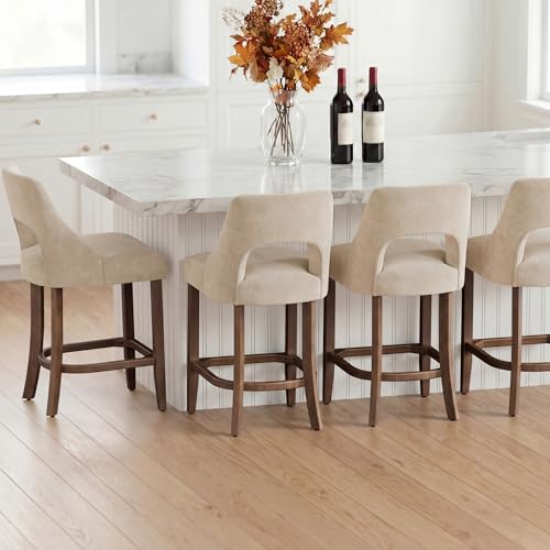 Image of UVV Bar Stools Set of 3, Upholstered Counter Height Bar Stools, Modern Counter Stools with Wood Legs for Kitchen Island Dining Room Bar, Beige