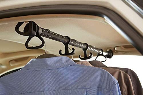 Rubbermaid Automotive Expandable Hanging Clothes Bar: Non-Slip Rubber Coated Car Rod with Accessory Hooks