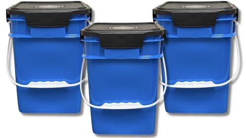 Image of House Naturals 4 Gallon Square Food Grade Bucket Pail with Plastic Handles and Lid (Pack of 3) Made in USA containers (Blue)
